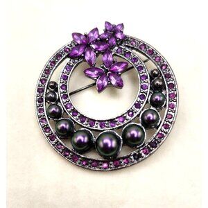 Purple Bead & Rhinestone Circle Brooch